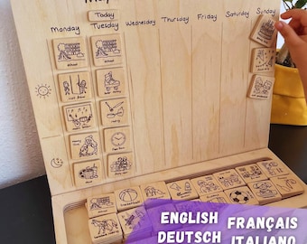 Personalized Montessori Wooden Weekly Planner: Personalized Kids Activity Calendar with Lineart Magnetic Tiles