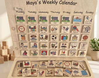 Personalized Wooden Weekly Planner for Kids, 61 Magnetic Tiles
