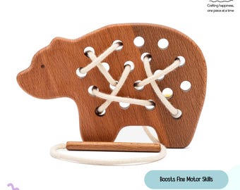 Wooden Polar Bear Lacing Toy: Montessori Fine Motor Skills