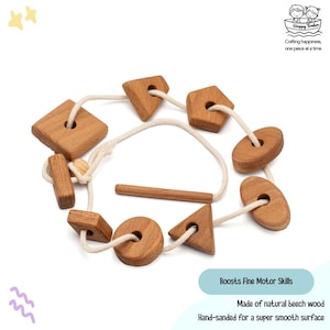 Brinquedo de amarrar de madeira com formas geométricas para crianças pequenas, brinquedo de amarrar contas de madeira, presente para crianças de 3 anos da Happy Timber