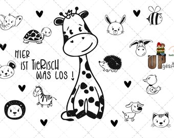 Happy Tiere  Tierisch was los Frühling  Zoo Elefant Igel Esel Hase Giraffe Biene Ente Hund Laserdatei Plotterdatei svg  png Schildkröte