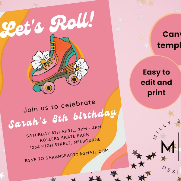 EDITABLE Any age birthday party invitation - roller skate party invite for girl birthday - daisy rainbow retro groovy - preteen - teenager