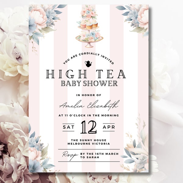 EDITABLE High tea baby shower invitation - Tea party pink floral invite - Baby sprinkle party for baby girl - invite template - whimsical