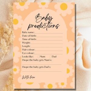 Carte de prédictions de bébé MODIFIABLE pour jeux de baby shower - activité de baby shower - jeu de baby shower imprimable bricolage - marguerite rétro imprimable-PDF imprimable
