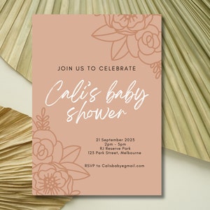 EDITABLE Boho neutral baby shower invite - floral baby sprinkle invitation - baby girl -canva template - cali-boho - minimalist party invite