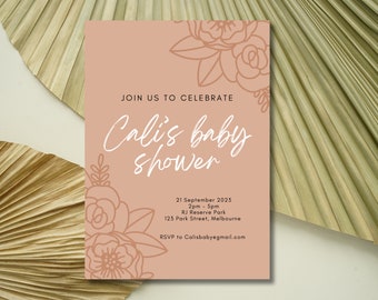 EDITABLE Boho neutral baby shower invite - floral baby sprinkle invitation - baby girl -canva template - cali-boho - minimalist party invite