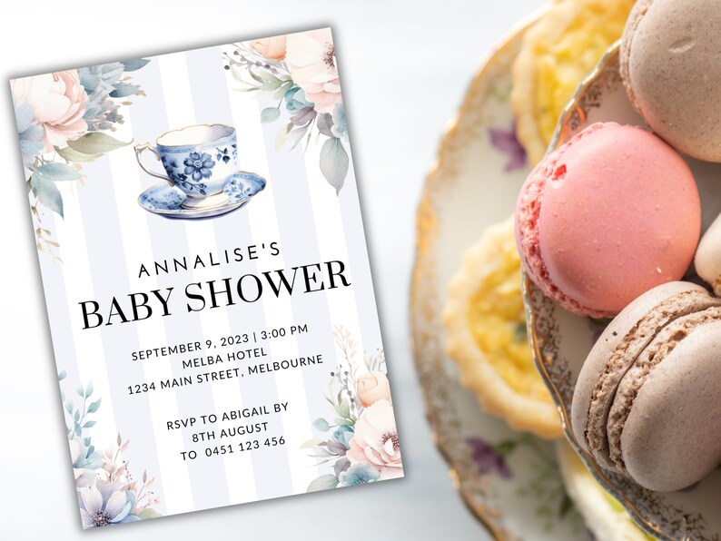 EDITABLE Blue High Tea Baby Shower Invitation High Tea Party Invite