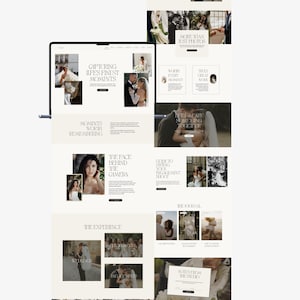 May include: A website design displayed on a tablet and other screens. The website features wedding photography with images of couples, text, and a neutral color palette. The text includes phrases like "Capturing Life's Finest Moments."