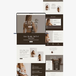 Op de afbeelding: Website-ontwerp met een neutraal kleurenpalet, met afbeeldingen van een vrouw in sportkleding. De lay-out van de site bevat secties met tekst als "Find Your Balance And Begin Today" en "Move, Breathe, And Feel Your Best."
