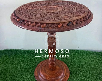 Decorative Hand Carved Wooden Small Table | Round Vintage Designed | Shesha Chinot table | Side Handmade Round Table | Proper Handcrafted,