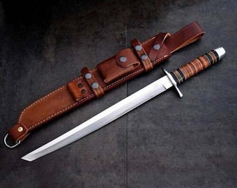 D2 Steel Tanto Sword with Beautiful Stacked Leather handle included leather sheath best gift for him / her