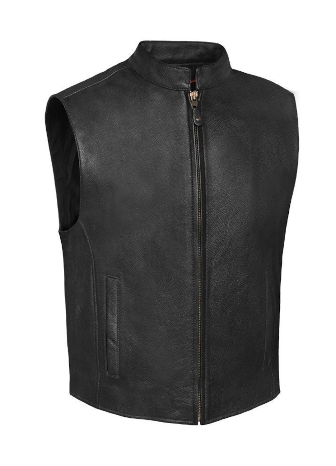 Mens Biker Leather Vest With Side Zip, Inside Gun Pocket Biker Vest, Club West, Mens Leather