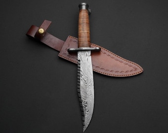 Personalized Custom Made Damascus Bowie Rambo Knife Father day gift/ Gift for him  W leather cover