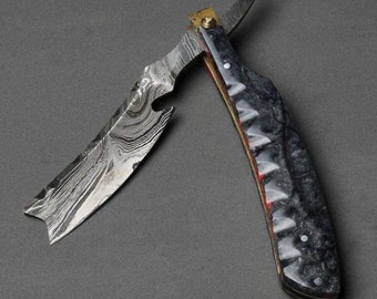 Damascus Straight Razor/ Damascus Folding Razor/ Handmade Damascus Straight Folding Razor/ Leather Strop