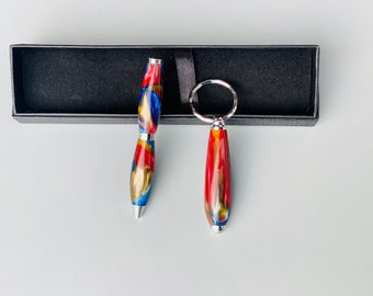 Keychain hand turned in acrylic and mini ballpoint pen/ Gift set for her/ ballpoint mini pen and keyring/ credit card size ballpoint pen