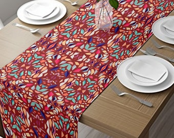 Rust modern Leaf motif table Runner, Dining room table Décor, Geometric colorful table runner, Dining table centerpiece, new house gift,