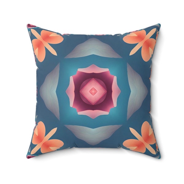 Decorative designer pillow, Living room decore throw pillow, Blue flower pillow, Psychedelic square pillow, Double sided pillow case