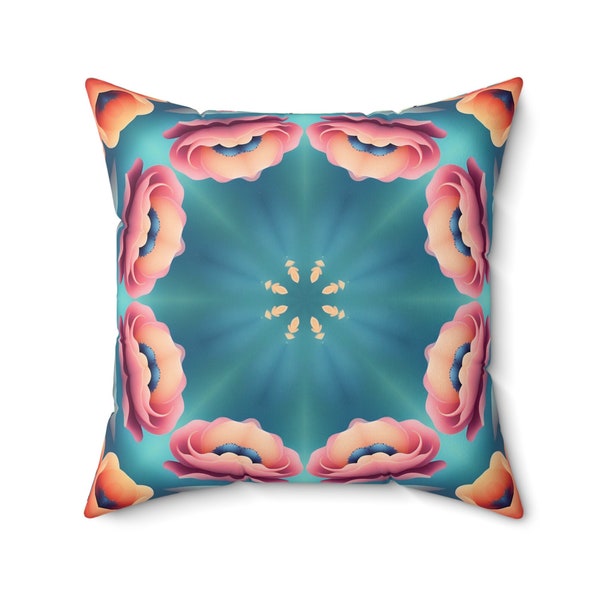 Living room decore throw pillow, decorative designer pillow, teal flower pillow, Psychedelic square pillow, Double sided pillow case