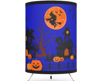 Haunted house Standing Lamp, Halloween pumpkin Tripod Table Lamp shade, Bats and a witch decor Ambient lighting, spooky Nightstand lamp