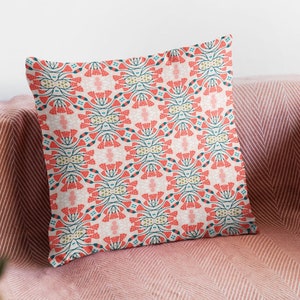Boho throw pillow gift for dorm, Botanic living room décor, Red geometric pillow, Floral square pillow, Retro Birthday women gift