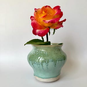 May include: A small, light green ceramic vase with a speckled texture, holding a rose. The rose has yellow, orange, and red petals. The vase is a decorative item, ideal for displaying flowers. The vase is approximately 10 cm tall.