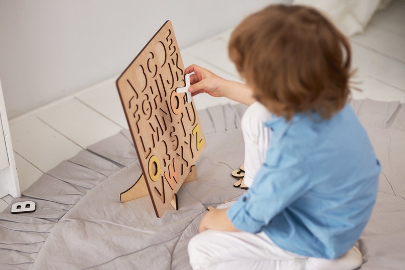 Large Wooden Busy Board With Alphabet Puzzle Toddler Busy Etsy
