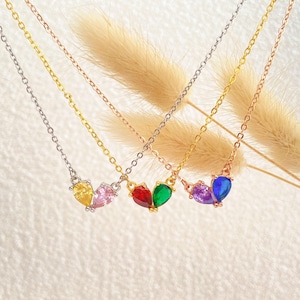 Lovers Birthstone Matching Heart Necklace, 2 Birthstone Necklace, Tiny Birthstone Necklace, Birthday Gift for Her, Love Gift