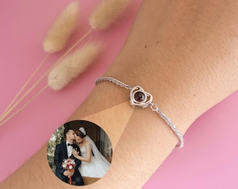 Pulsera con foto personalizada, pulsera con proyección de corazón, pulsera con foto en el interior, joyería conmemorativa con proyección secreta, regalo para ella