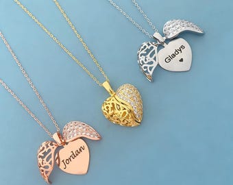 Heart Name Necklace with Wings, Memorial Wing Necklace, Personalized Hidden Name, Sympathy Gift for Women, Personalised Gift for Her