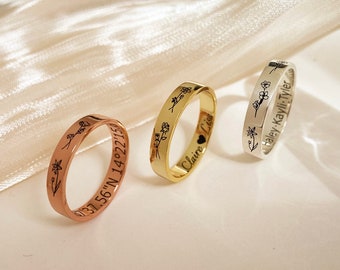 Birth Flower Ring, Personalized Ring, Custom Name Ring, Multiple Birth Flower Ring, Signet Ring, Dainty Ring, Birthday Gift, Gift for Her