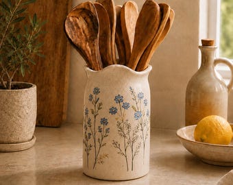 Ceramic Utensil Holder, Handmade Blue Floral Kitchen Crock, Wildflower Pottery Organizer