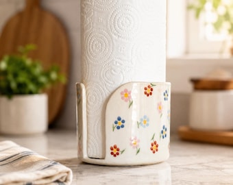 Keramische keukenrolhouder, handbeschilderde minimalistische bloemenhouder, vrijstaande cottagecore aanrechtdecoratie, cadeau