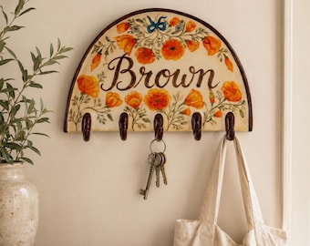 Personalized Ceramic Key Holder, Custom Floral Wall Key Holder,   Entryway Key Holder with Orange Flowers