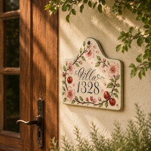 May include: A rectangular ceramic house sign with a curved top edge, featuring hand-painted pink cherry blossoms and red cherries on green stems. The text "Villa 1328" is written in black script and serif font in the center of the off-white plaque.