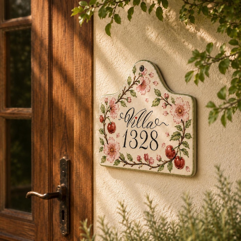May include: A rectangular ceramic house sign with a curved top edge, featuring hand-painted pink cherry blossoms and red cherries on green stems. The text "Villa 1328" is written in black script and serif font in the center of the off-white plaque.