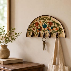 Ceramic Key Rack, Rustic Key Hook Bird and Floral Wall Hooks, Handmade Entryway Organizer, Key Holder, Vintage Home Decor