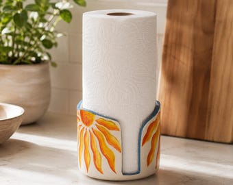 Sunflower Ceramic Paper Towel Holder, Handmade Kitchen Roll Stand, Floral Countertop Towel Holder, Farmhouse Kitchen Decor Gift
