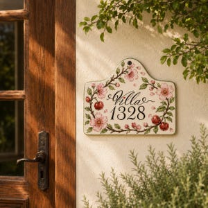 Może przedstawiać: Prostokątna ceramiczna tabliczka na dom z zaokrągloną górną krawędzią, ozdobiona ręcznie malowanym wzorem różowych kwiatów wiśni i czerwonych wiśni. Napis Villa 1328 wykonano czarną czcionką na środku kremowej tabliczki.