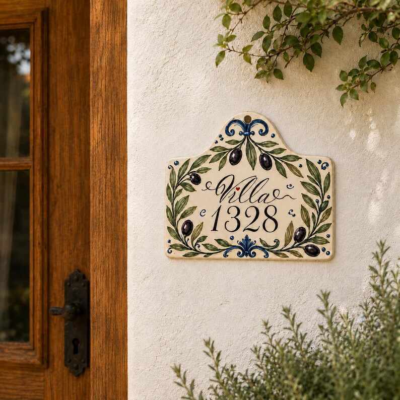 May include: A cream-colored ceramic house sign with a decorative arched top, featuring hand-painted green olive branches, dark purple olives, and blue scrollwork accents. The text Villa 1328 is written in black script and serif font.