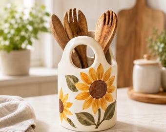 Op de afbeelding: Een cilindrische keramische keukengereihouder met een crèmekleurige basis, voorzien van handgeschilderde gele zonnebloemen en groene bladeren. De houder heeft twee ronde uitgesneden handvatten aan de bovenkant en bevat drie houten keukengerei.