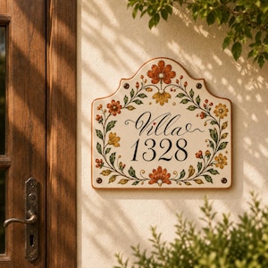May include: A cream-colored ceramic house plaque with a scalloped top edge, featuring a hand-painted floral border in shades of orange, yellow, and green. The text Villa 1328 is written in black script and serif font in the center of the plaque.