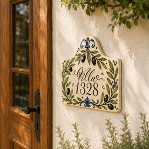 May include: A cream-colored ceramic house sign with a bell-shaped top, featuring hand-painted green olive branches, dark purple olives, and blue decorative accents. The text Villa 1328 is written in black script and serif font in the center.