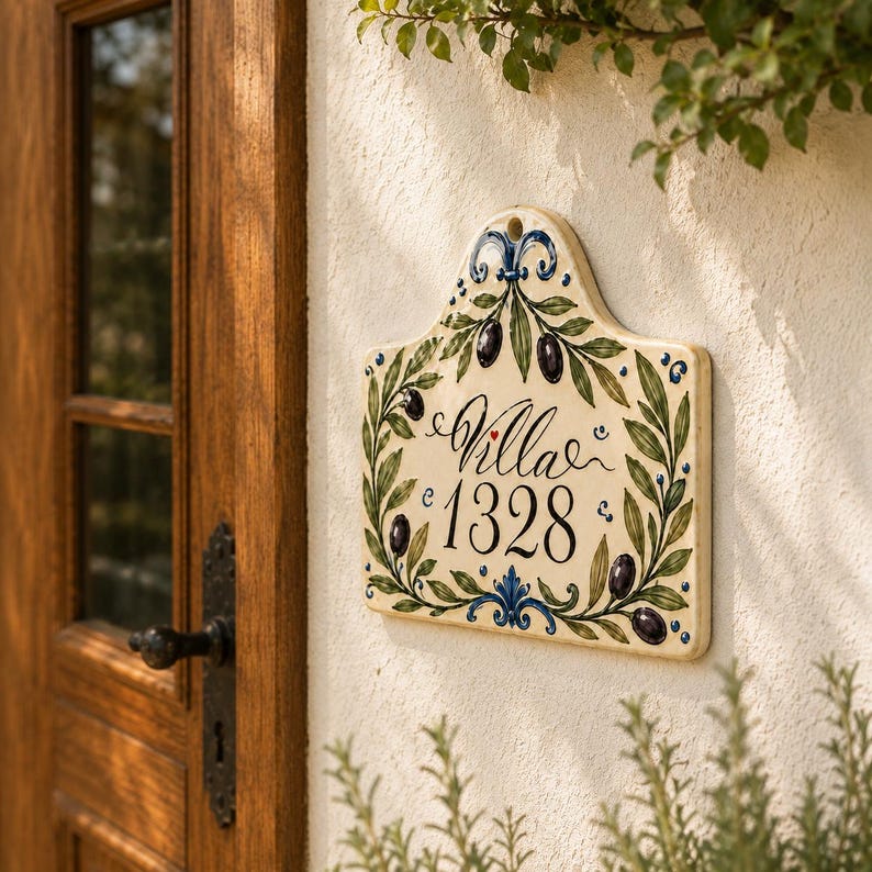 May include: A cream-colored ceramic house sign with a bell-shaped top, featuring hand-painted green olive branches, dark purple olives, and blue decorative accents. The text Villa 1328 is written in black script and serif font in the center.
