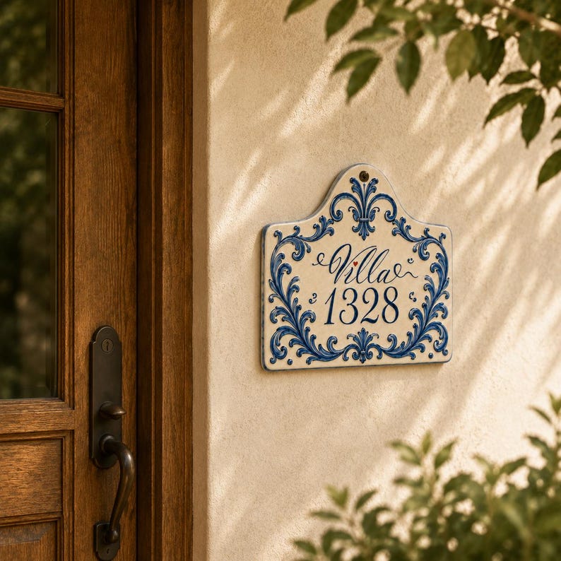 May include: A cream-colored ceramic house sign with a decorative blue scrollwork border. The sign features the text "Villa" in elegant script above the number "1328" in a classic serif font, with a small red heart accent between the words.