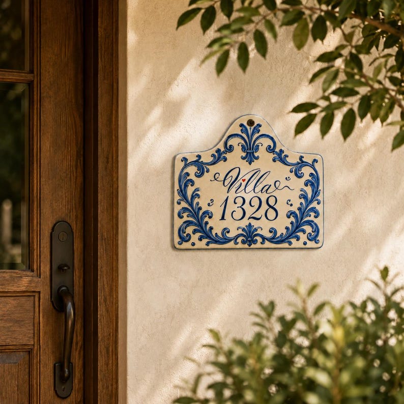 May include: A rectangular ceramic house sign with a cream-colored background and a decorative blue scrollwork border. The sign features the text Villa 1328 in a dark blue script and print font, with a small red heart icon above the word Villa.