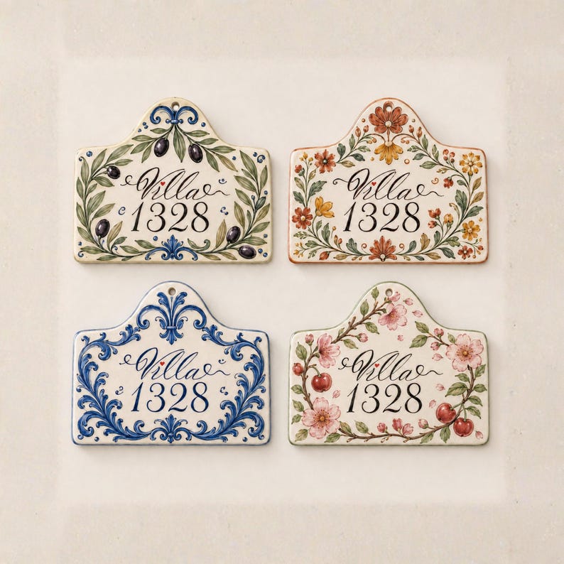 May include: Four rectangular ceramic plaques with arched tops, each featuring the text Villa 1328 in black script. The designs include olive branches, colorful floral patterns, blue scrollwork, and pink blossoms with red cherries.