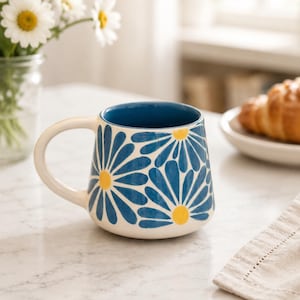 Blue Daisy Ceramic Mug, Pottery Coffee Mug, Handmade Ceramic Cup