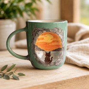Sunset Cat Mug, Coffee Cup, Cat Lover Gift, Coastal Sunset Pottery, Unique Handmade Tea Mug