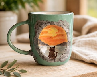 Sunset Cat Mug, Coffee Cup, Cat Lover Gift, Coastal Sunset Pottery, Unique Handmade Tea Mug