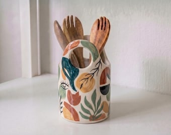 Porte-ustensiles en céramique, pot de cuisine artisanal, porte-cuillères, décoration de cuisine bohème, cadeau de pendaison de crémaillère